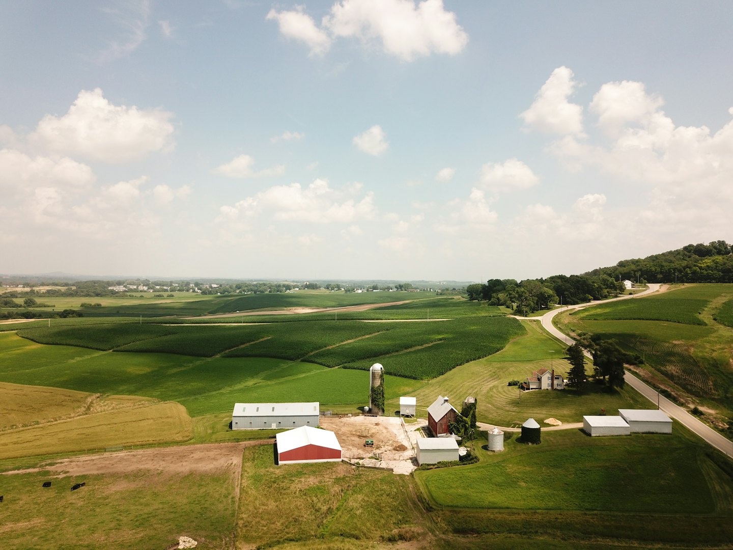 Aerial view of a farm complex with barns and silos.